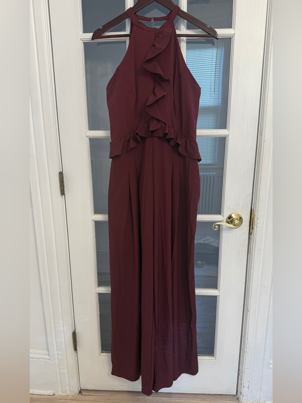 HALARA Women’s Burgundy Ruffle Front Halter Neck Sleeveless Wide Leg Jumpsuit